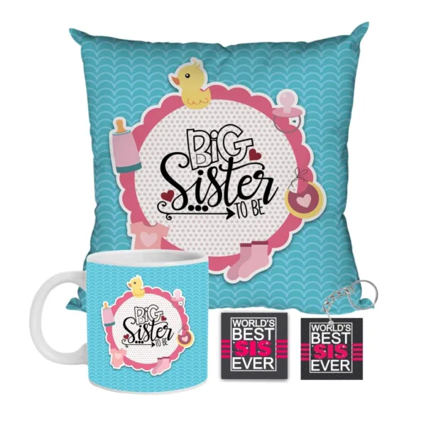 Big Sister to Be  Cover Combo Hamper, Blue, Set of 3  Ceramic Mug 330ml, Coaster, Cushion
