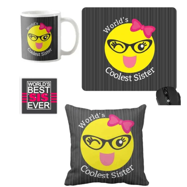 Worlds Coolest Sister Gift Hamper Set of 4 - Mug, Cushion Cover, Mousepad, Coaster