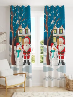 Santa Snowman Together Christmas Curtain