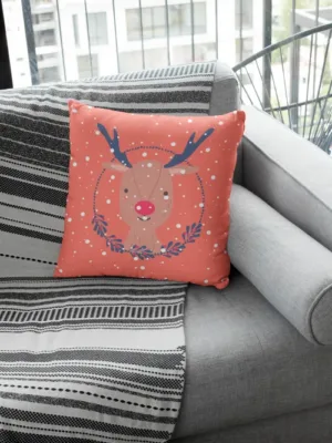 Orange Reindeer Design Christmas Cushion Cover