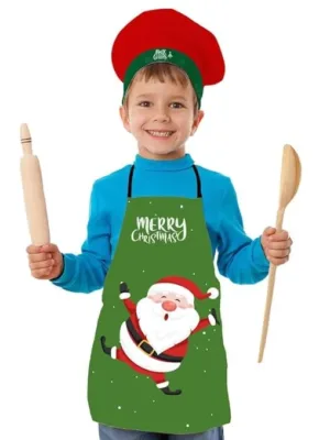 Christmas Kids Apron With Hat Printed Cute Dancing Santa
