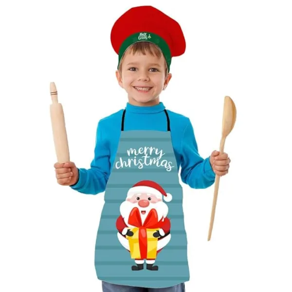 Christmas Kids Apron With Hat Printed Santa clause Holding Gifts