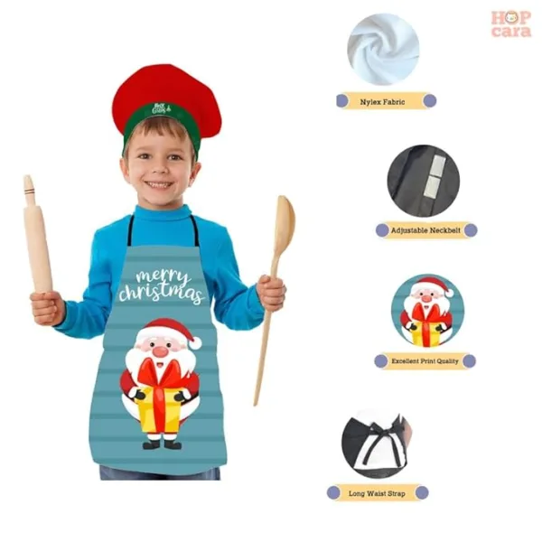 Christmas Kids Apron With Hat Printed Santa clause Holding Gifts
