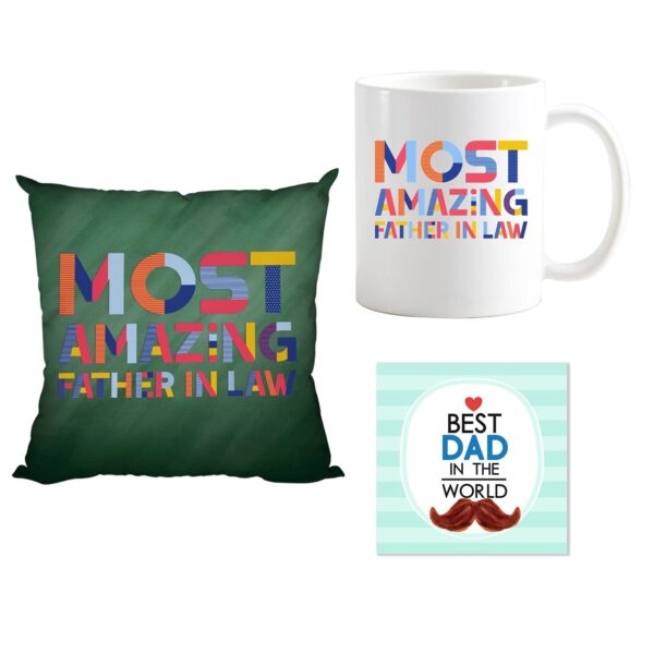 Birthday Gifts Printed Cushion Cover, Ceramic Coffee Mug (330ml), with Coaster Hamper Set for Best Papa Ji Father-in-Law