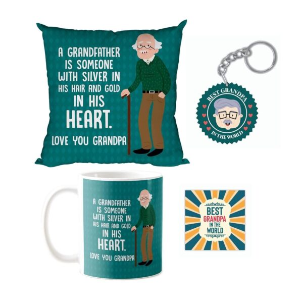 Birthday Gifts for Father for Grandfather with Silver in His Hair and Gold in His Heart Gift Combo Hamper Set of 3 - Mug, Coaster, Cushion C