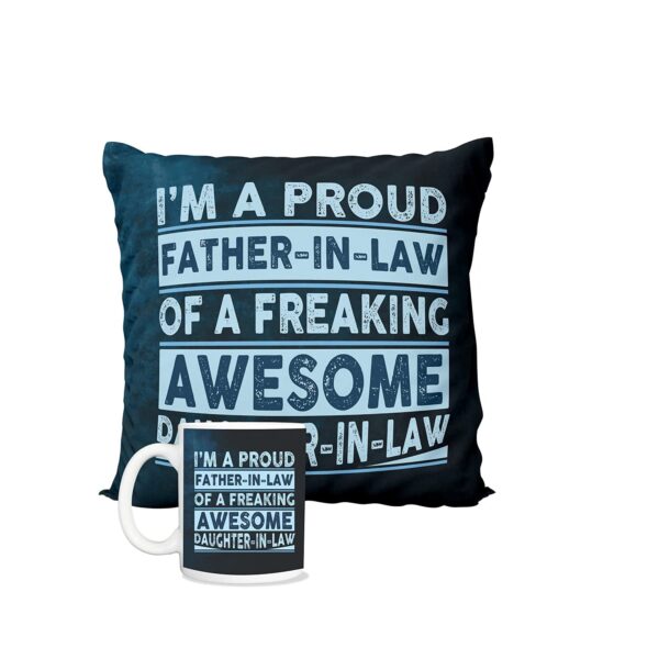 Father's Day Gifts Mug, Cushion Cover, Fridge Magnet Combo Hamper Set of 3 for Awesome Father-in-Law