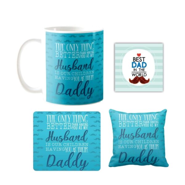 Birthday Gifts for Father Best Husband Daddy Combo Set of 4 Mug-Coaster-Cushion Cover-Mousepad