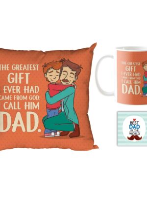 Birthday Gifts for Father Dad Greatest Gift Came from God I Call Him Dad Gift Combo Hamper Set of 3 - Mug, Coaster, Cushion Cover