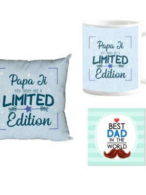 Father's Day Gifts Printed Cushion Cover, Ceramic Coffee Mug (330ml), with Coaster Hamper Set for Limited Edition Father-in-Law