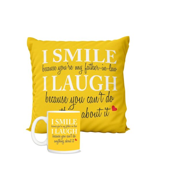Father's Day Gifts Mug, Cushion Cover, Fridge Magnet Combo Hamper Set of 3 for Awesome Father-in-Law