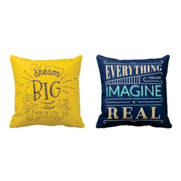 Canvas Fabric Dream Big Turn Everything in Real Motivational Quotes Printed Cushion Cover (24 x 24 Inches, Yellow) - Set of 2