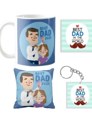 Best Dad Ever Cushion Cover 12X12 inches, Mug 330 ml, Coaster, Keychain Gifts Hamper for Dad