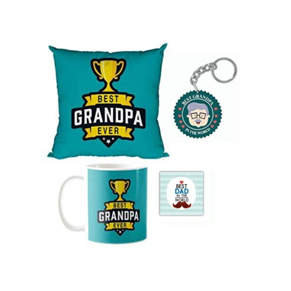 Birthday Gifts for Father for Grandfather Best Grandpa Ever Gift Combo Hamper Set of 4 - Mug, Coaster, Cushion Cover, Keychain