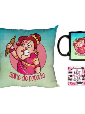 Mothers Day Aane de Papa ko Gift Combo Hamper - Mug, Coaster Gifts for Mom Cushion Cover 12x12