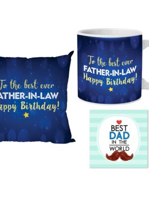 Birthday Gifts Printed Cushion Cover, Ceramic Coffee Mug (330ml), with Coaster Hamper Set for Best Father-in-Law