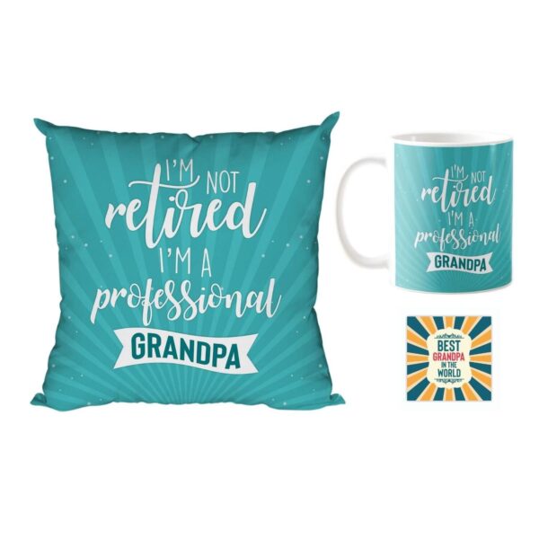 Birthday Gifts for Father for Grandfather I Am Not Retired I Am A Professional Grandpa Gift Combo Hamper Set of 3 - Mug, Coaster, Cushion Co