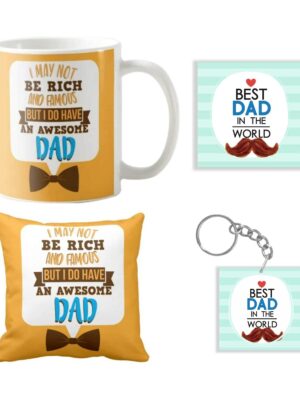Birthday Gifts for Father Canvas Cotton Awesome Dad 12X12 inches Cushion Cover, 330 ml Mug, Coaster, Keychain Gifts Hamper for Dad