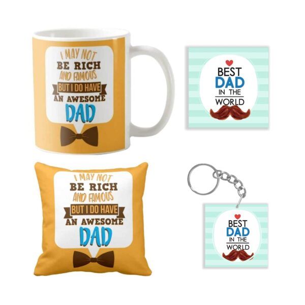 Birthday Gifts for Father Canvas Cotton Awesome Dad 12X12 inches Cushion Cover, 330 ml Mug, Coaster, Keychain Gifts Hamper for Dad