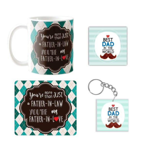 Birthday Gifts for Father in Law, Father in Love Combo Set of 4 Mug-Coaster-Cushion Cover-Mousepad