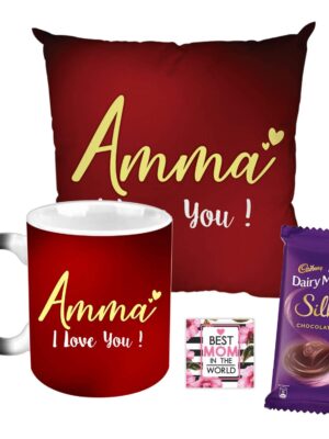 Mother's Day Chocolate Gifts Combo for Mom - Amma I Love You Mug, Cushion Cover, 1 Cadbury Dairy Milk Silk Chocolates (60 gm), with Coaster