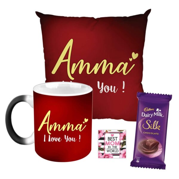 Mother's Day Chocolate Gifts Combo for Mom - Amma I Love You Mug, Cushion Cover, 1 Cadbury Dairy Milk Silk Chocolates (60 gm), with Coaster