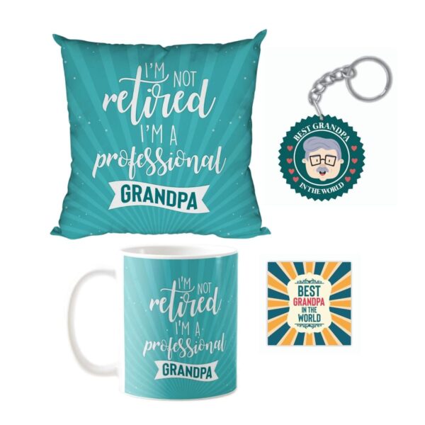 Birthday Gifts for Father for Grandfather I Am Not Retired I Am A Professional Grandpa Gift Combo Hamper Set of 3 - Mug, Coaster, Cushion Co