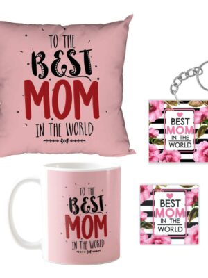 Mother's Day to the Best Mom in the World Combo Hamper - Ceramic Mug, Coaster, Keychain Gifts for Mom Cushion Cover 12x12