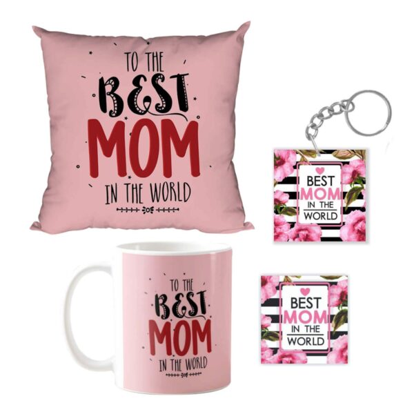 Mother's Day to the Best Mom in the World Combo Hamper - Ceramic Mug, Coaster, Keychain Gifts for Mom Cushion Cover 12x12