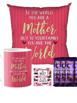Mother's day Chocolate Gifts Combo for Mom - Mug, Cushion Cover, 5 Dairy Milk Chocolate (7 Grams Each), With Coaster - Mom You are Our Wor