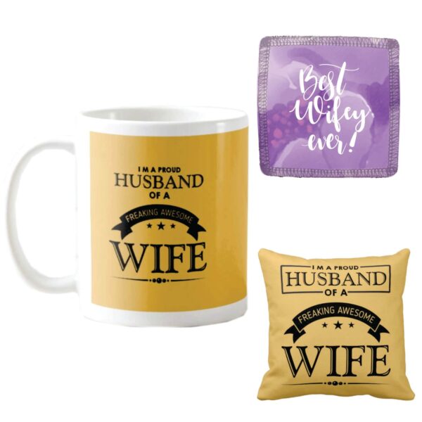 TYYC Freaking Awesome Wife Ceramic Coffee Mugs with Cushion Cover and Coaster, White, 330ml, Set of 3
