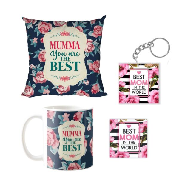 Mother's Day Gifts for Mom - Mumma You are The Best Gift Combo Hamper Set of 4 - Mug, Coaster,Keychain, Cushion Cover 12x12