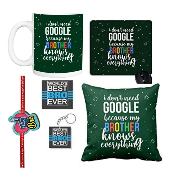 TheYaYaCafe Rakhi Gifts for Brother Gift Combo of 6 Mug, Coaster, Mousepad, Cushion Cover (12X12 inches), Keychain Google My