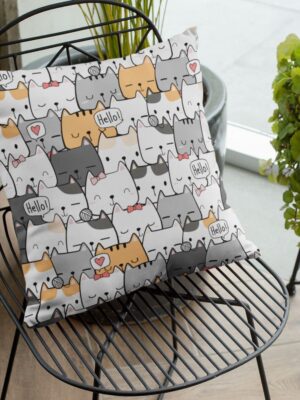 Cute Animal Cat Hello Printed Cushion Cover for Kids, Living Room, Bedroom, Sofa Throw Pillow Velvet - 16x16 Inches