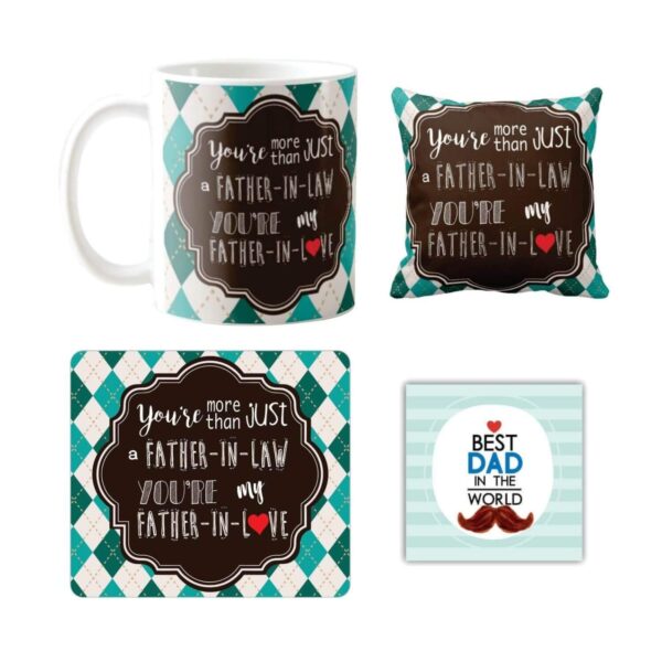 Birthday Gifts for Father in Law, Father in Love Combo Set of 4 Mug-Coaster-Cushion Cover-Mousepad