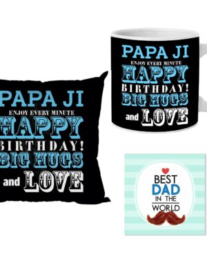 Birthday Gifts Printed Cushion Cover, Ceramic Coffee Mug (330ml), with Coaster Hamper Set for Best Papa Ji Father-in-Law