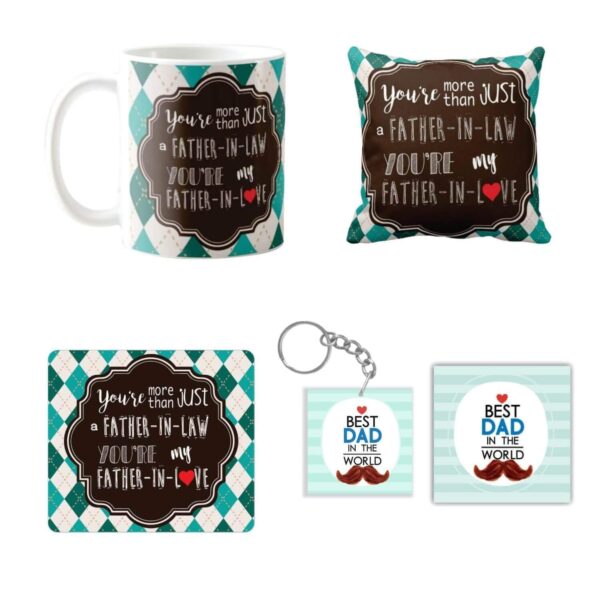 Birthday Gifts for Father in Law, Father in Love Combo Set of 4 Mug-Coaster-Cushion Cover-Mousepad