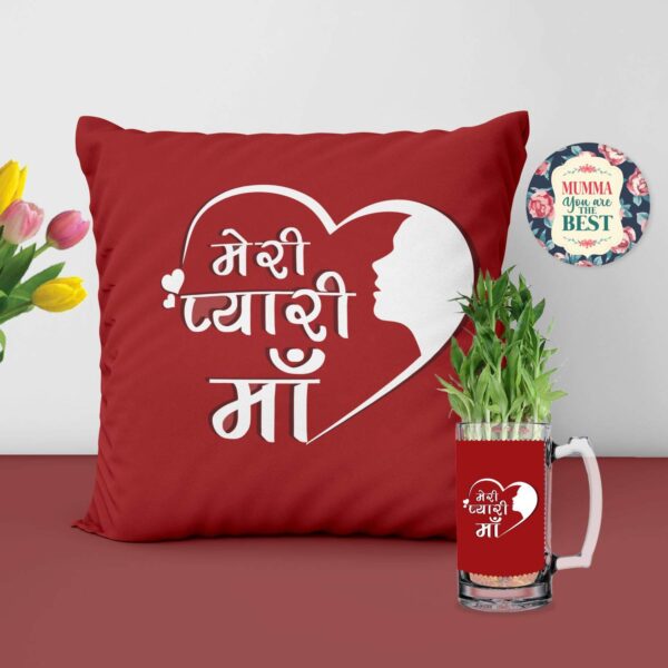 Mug Planter with 2 Layer Bamboo Plants, , Fridge Magnet Hamper Combo - Meri Pyaari Maa Gifts for Mom Cushion Cover