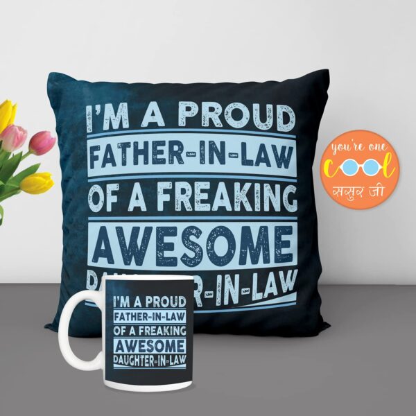 Father's Day Gifts Mug, Cushion Cover, Fridge Magnet Combo Hamper Set of 3 for Awesome Father-in-Law