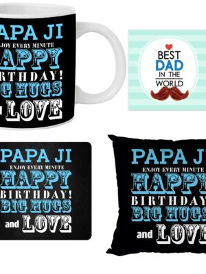 Birthday Gifts Printed Mousepad, Cushion Cover, Ceramic Coffee Mug (330ml), with Coaster Hamper Set for Best Papa Ji Father-in-Law