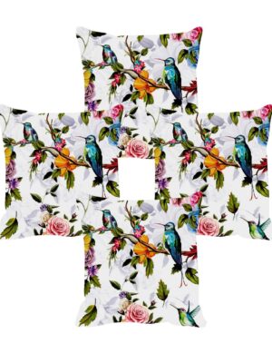 Yaya Cafe 16x16 inches Set of 4 Cushion Covers Printed Floral Beauteous Bird Floral Flowers Printed Sofa Throw Pillows Multicolor