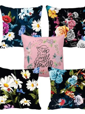 Yaya Cafe 24x24 inches Set of 5 Cushion Covers Gorgeous Rose Floral Flowers Printed Sofa Throw Pillows Multicolor