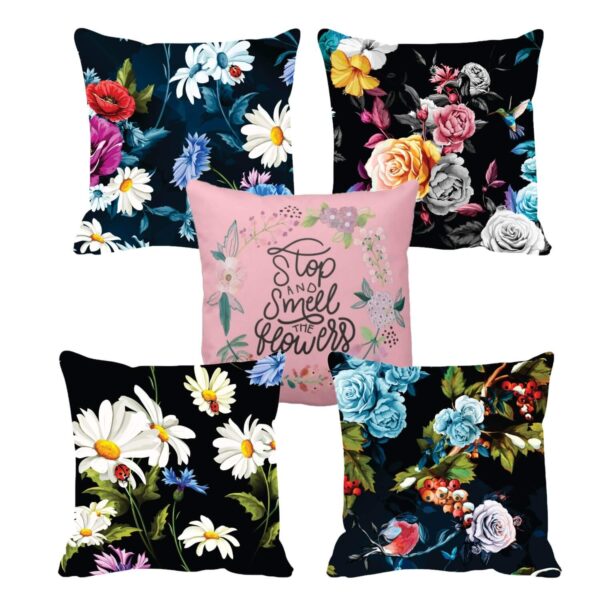 Yaya Cafe 24x24 inches Set of 5 Cushion Covers Gorgeous Rose Floral Flowers Printed Sofa Throw Pillows Multicolor