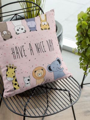 Cute Have A Nice Day Bear Square Shape Throw Cushion Cover with Filler for Home Office, 12x12 Inch, (White Color)