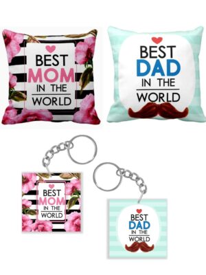 Mothers , Best Mom Dad in The World Couple Parents Cushion Covers Keychain Set of 4