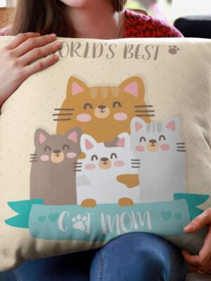 Birthday Gifts for Mom 20 x 20 inches Worlds Best Cat Mom Printed Velvet Cushion Cover Throw Pillow