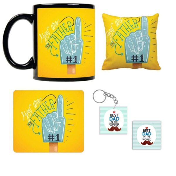 Birthday Gifts for Father No 1 Father Combo Set of 5 Mug-Coaster-Cushion Cover-Mousepad-Keychain