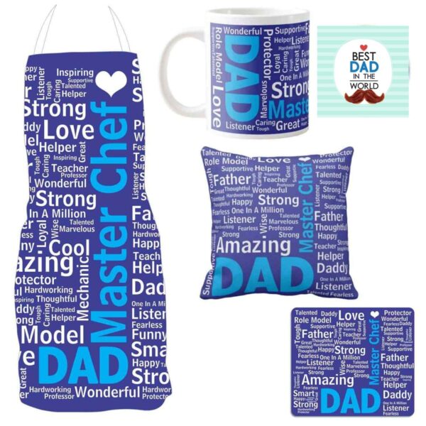 MasterChef Dad Combo Set of 5 - Apron, ceramic Mug, Coaster, Cushion Cover, Mousepad , Blue