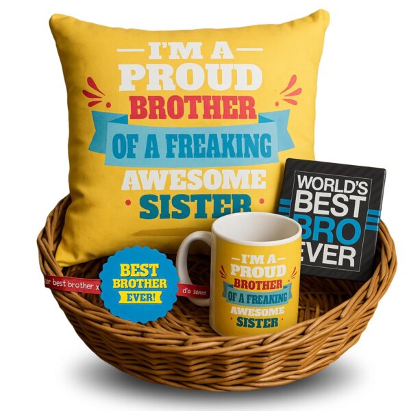 Raksha Bandhan Gift for Brother | I am Proud Brother Rakhi Gift Combo | Set of 4 | Mug, Coaster, Cushion Cover & Rakhi for Brother