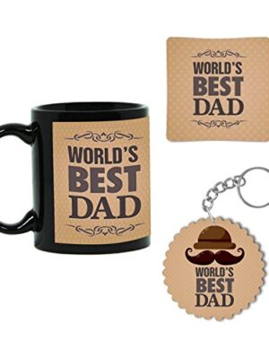 Giftsmate Ceramic Coffee Mug with Coaster and Keychain Combo Set for Dad Father Birthday Gift, 330ml/11oz Mug, 3.5x3.5 Inch Coaster, 3-Piece Black Drinkware Gift Set