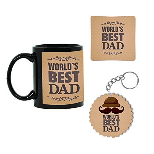 Giftsmate Ceramic Coffee Mug with Coaster and Keychain Combo Set for Dad Father Birthday Gift, 330ml/11oz Mug, 3.5x3.5 Inch Coaster, 3-Piece Black Drinkware Gift Set